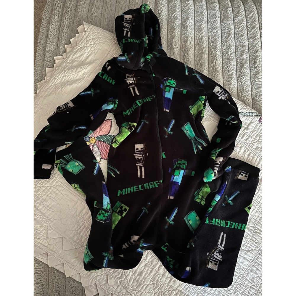 Minecraft Boys Hooded Fleece Union Suit Pajamas Black Green Size 11-12 YRS